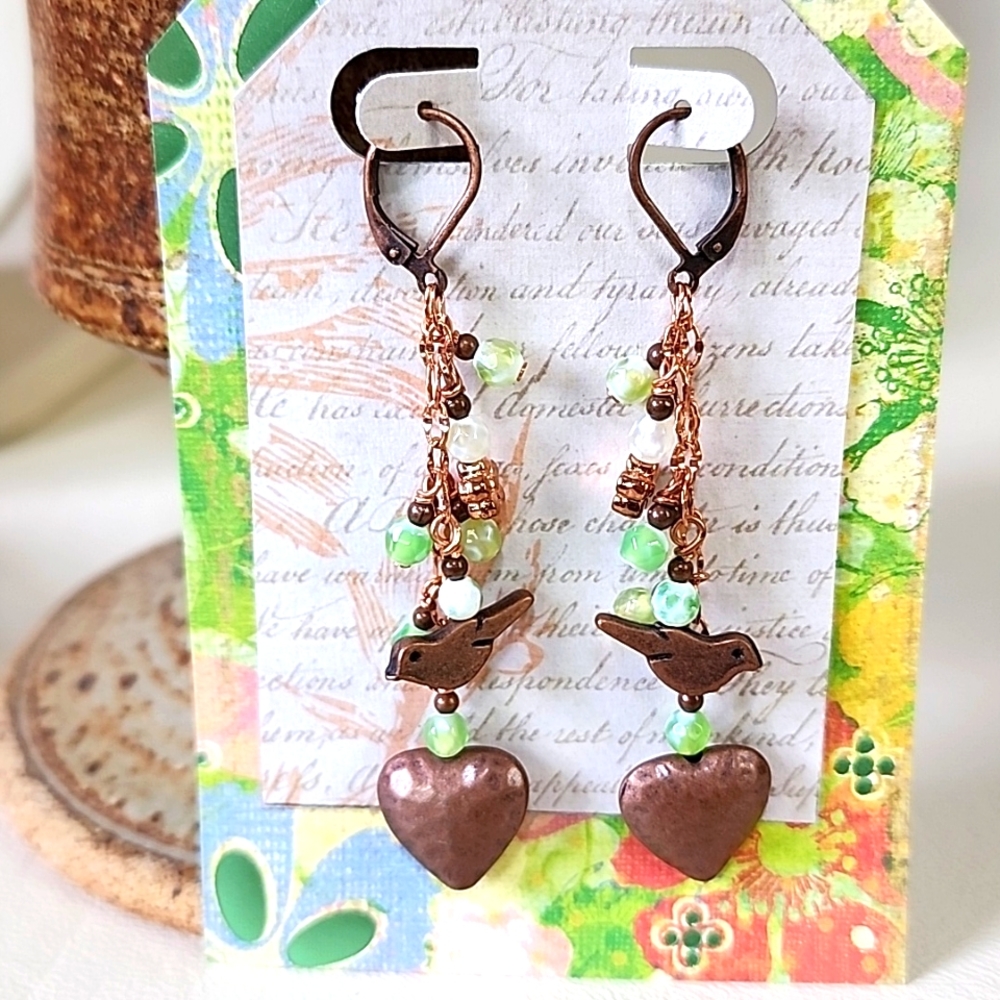 Copper Birds & Hearts with Green‎ Agate Earrings, Long Dangles, Handmade